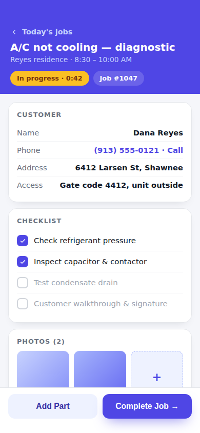 Inside a job: customer info, checklist, photos, and notes, all captured on site.