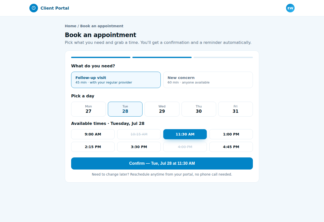 Self-serve booking: pick the visit type, the day, and an open time.