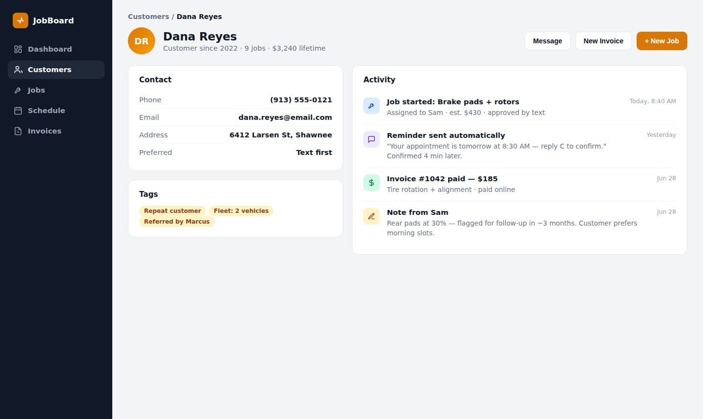 Every customer has a story: contact info, history, notes, and every dollar.